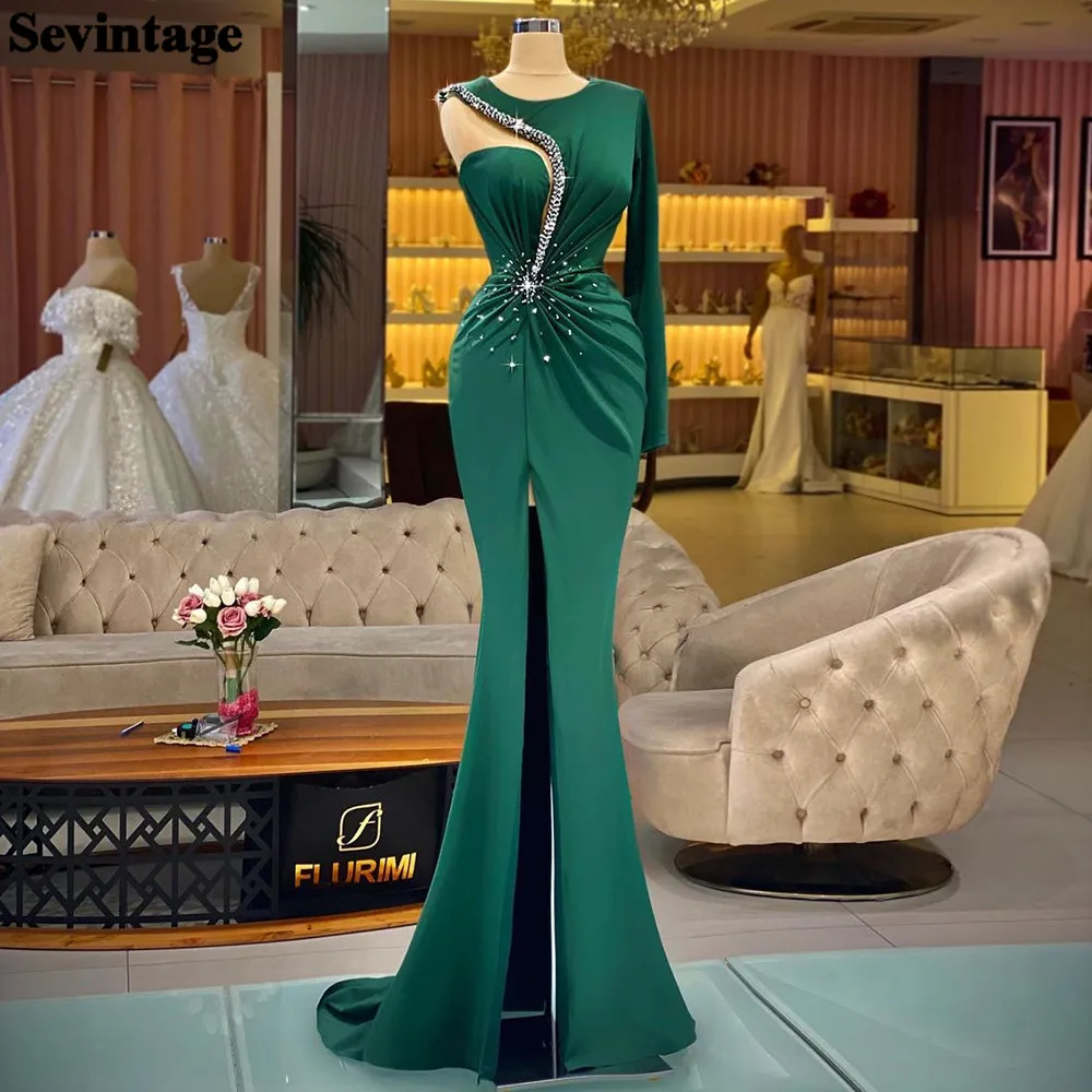 

Sevintage Green Mermaid Arabia Prom Dresses Satin Long Sleeves Beaded Formal Evening Dress 2022 Pleats Slit Women's Party Gowns
