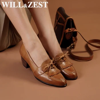

Will&Zest Ladies Shoes Low Heel Butterfly Knot Casual Woman Pumps Leather Fringes Round Toe Chunky Heels Women's Slip-Ons Shoes
