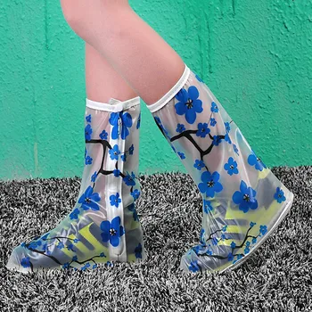 

1 Pair PVC Rain Shoes Cover Reusable Floral Prints Chinese Style Non-slip Boots Thicken Soles Raincoats Impermeable Overshoes