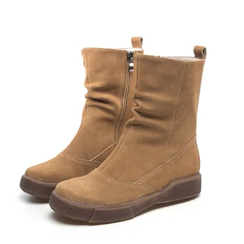 

Outdoor Retro Spring Autumn Women Genuine Leather Fold Half Equestrian Boots Winter Ladies Plush Pleated Mid-Calf Boots 191217