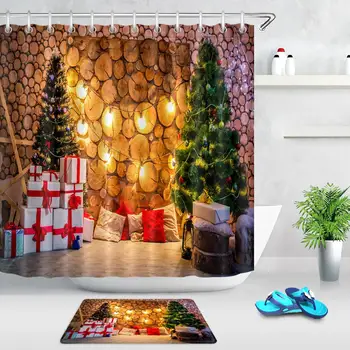 

Stump Wall With Christmas Tree & Presents Shower Curtain Sets Hooks Bathroom Curtain Waterproof Polyester Fabric Bathroom Mat