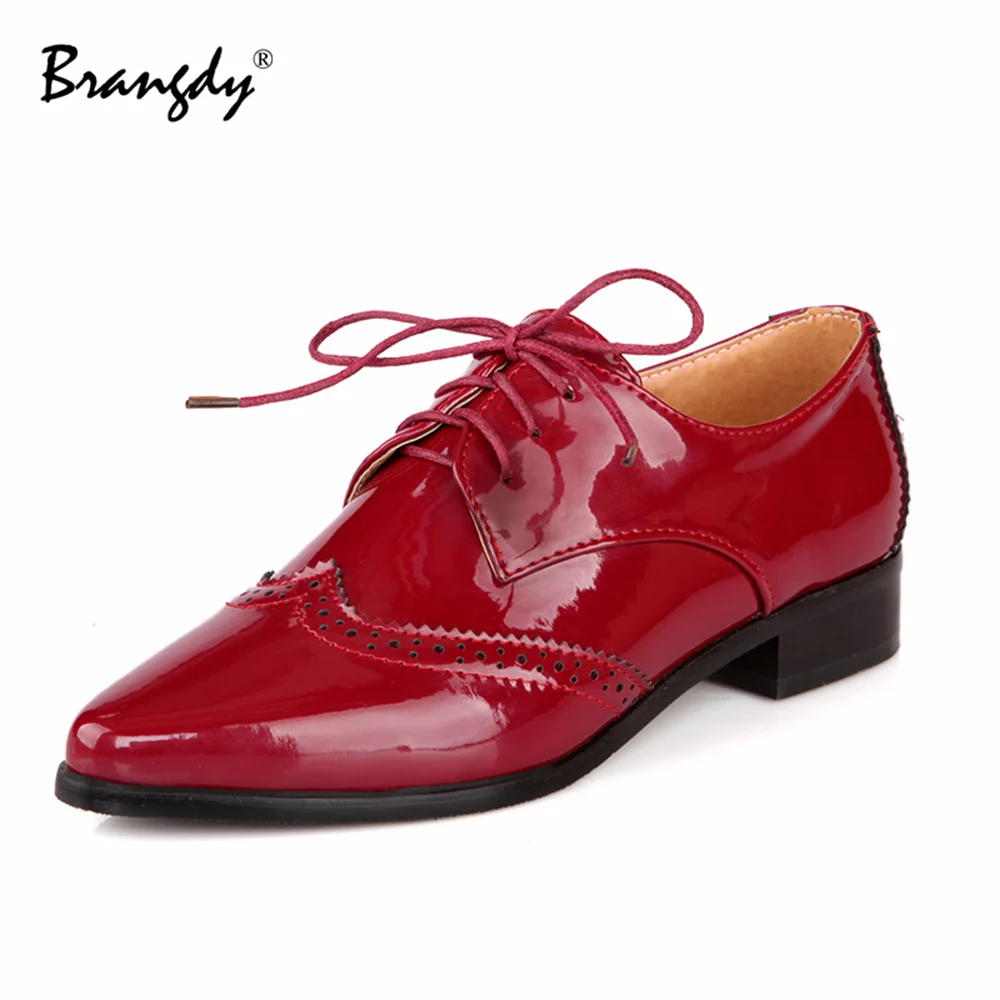 Brangdy Fashion Women Oxford Shoes Patent Leather Spring Autumn Women Brogue Shoes Pointed Toe Women Flats Lace Up Size34-43