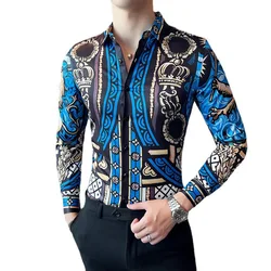 Chemise bleue à manches longues pour homme, avec imprimé numérique, style européen, décontracté, à revers 