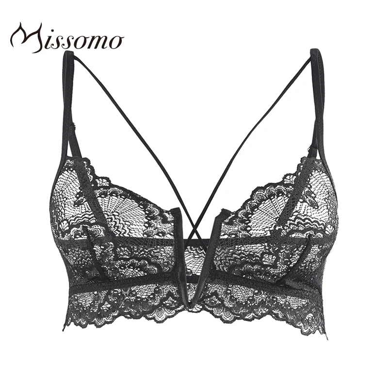 

Missomo 2019 New Fashion Women Sexy Fun V-neck Cross Straps Flower Lace Side Perspective Shoulder Strap Adjustable Underwear Bra