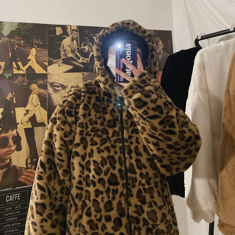 

Winter Men's Leopard Print Trench Thickening Lamb Keep Warm Cotton-padded Clothes Loose Coat Male Parkas Casual Snow Jackets