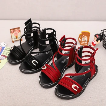 

Girls Roman Sandals 2020 New Fashion Summer Girls Rhinestones Flock Pu Leather Rubber Princess Cutout Black Sandals Kids Shoes