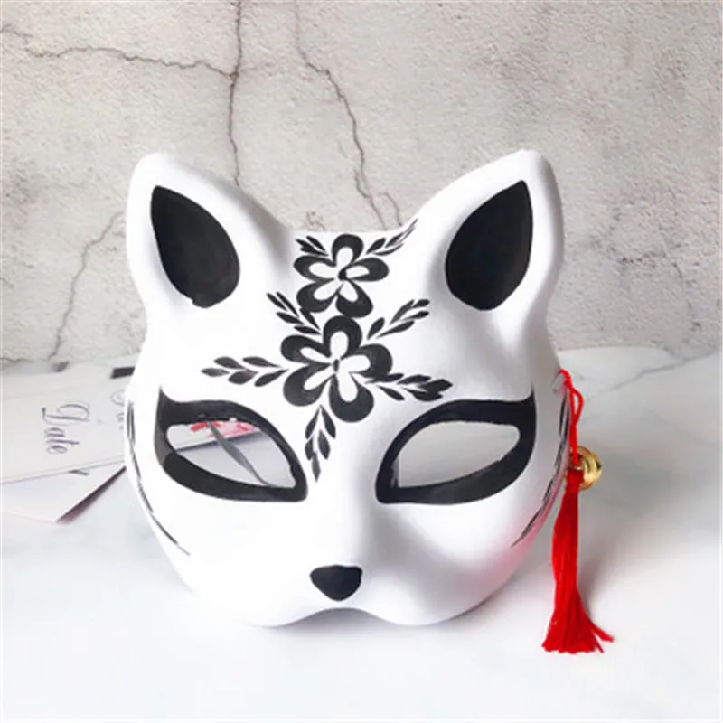 2 шт Вечерние Маски рисованная маска Аниме COS Cat Fox маска с колокольчик-кисточка - Цвет: black 1