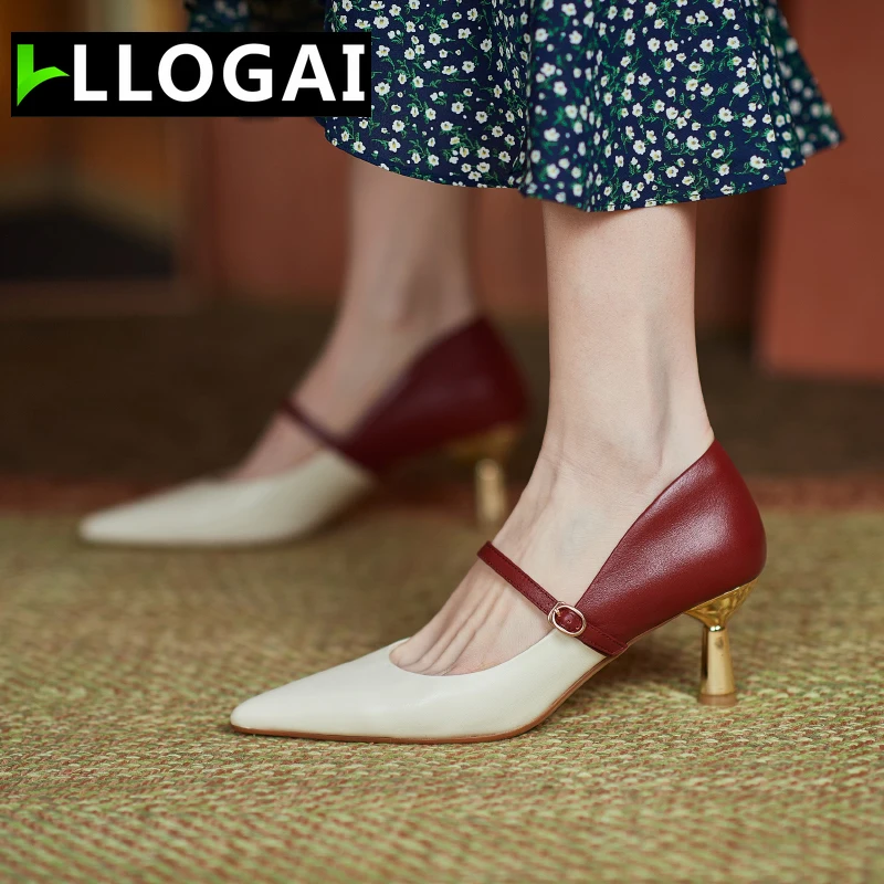 LLOGAI de cuero genuino zapatos Mary Jane nueva correa con hebilla de Primavera/otoño punta superficial bombas de tacón alto de moda de 2021 hecho a mano