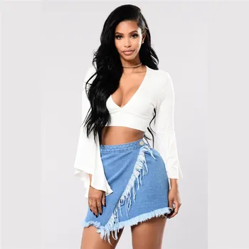 

Sexy A Line Mini Jeans Skirt Irregular Denim Scratch Tassel Hip Bottom Ladies Casual Slim Bodycon Layered Short Mini Jean Skirt
