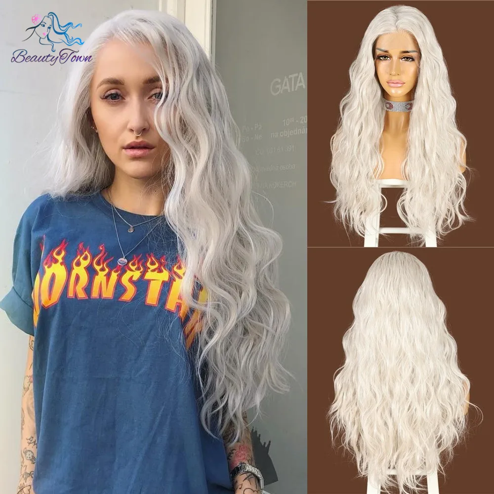 BeautyTown Silver White Grey Futura Lace Wig for Daily Makeup Cosplay
