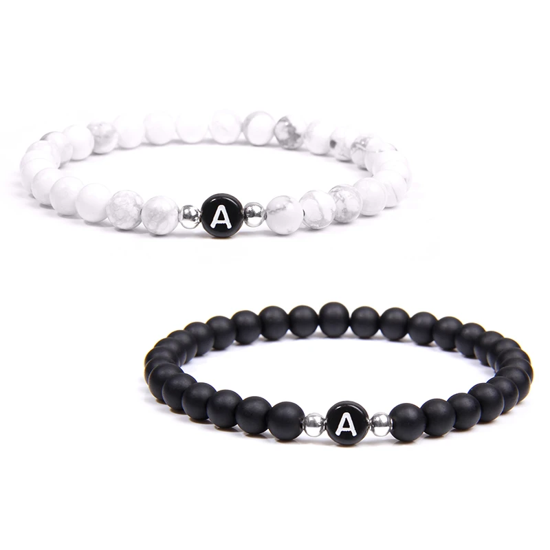 

Black White Stone DIY id 26 Letters Bracelet for Women Men couple Jewelry Name Friendship Lucky Bead Bracelet Kids Family Gift