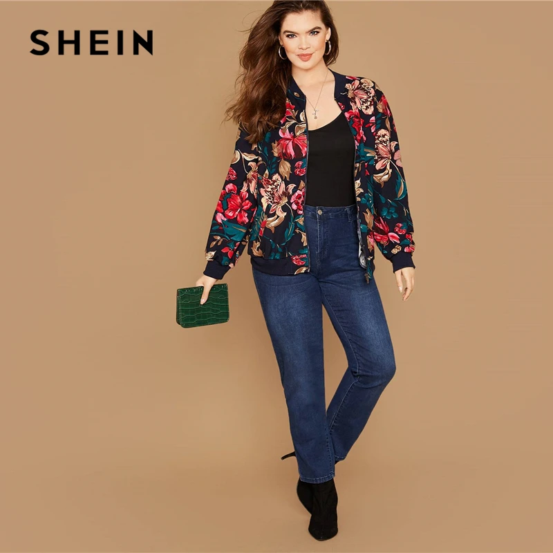 low cost  SHEIN Plus Size Floral Print Zipper Up Bomber Jacket Women Autumn Long Sleeve Stand Collar Coat Cut