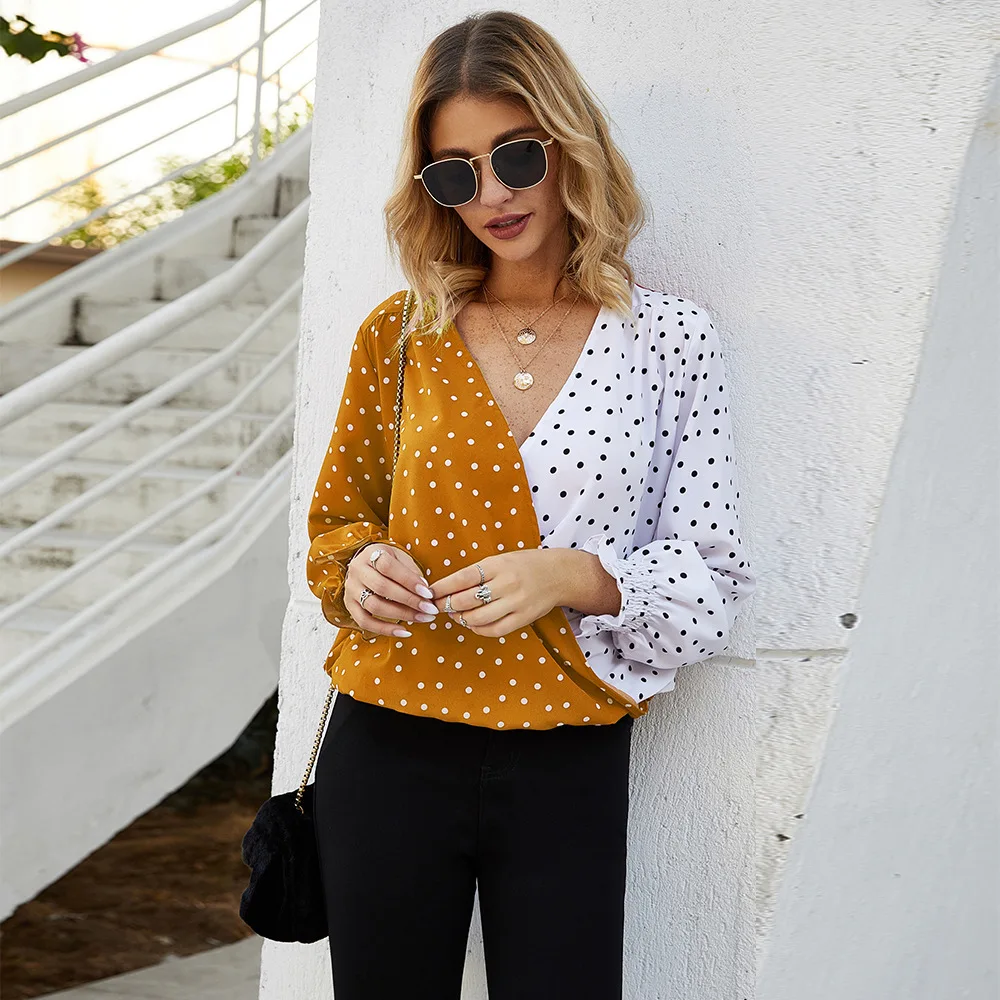 Spring 2020 Womens Tops Polka Dot Patchwork Long Sleeveless Solid Shirt Women Blusas Roupa Feminina Shirt