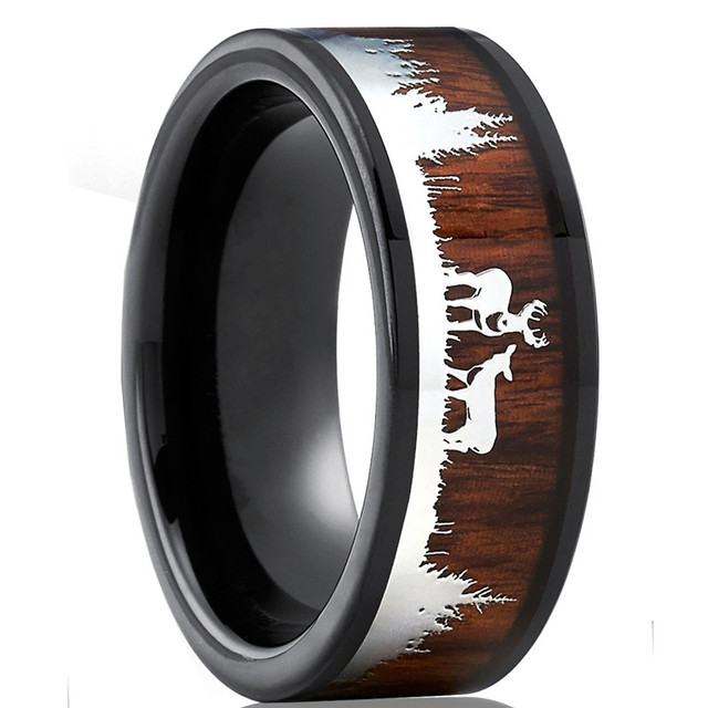 Fashion 8mm Men Black Tungsten Wild Life Hunting Ring Koa Wood Inlay Deer Family Silhouette Steel Ring Men Wedding Band