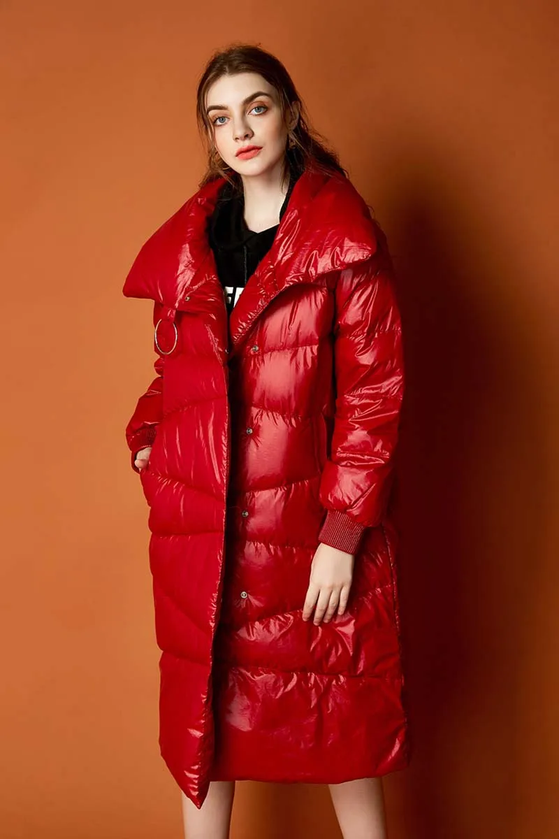 Зима красный женский длинный пуховик СВОБОДНЫЙ Модный легкий женский пуховик отложным воротником пальто Теплый YNZZU 9O028