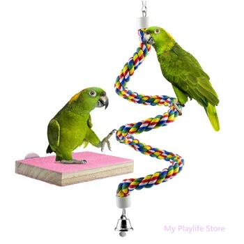 

2 Pcs/set Parrot Toy Bird Perches Wood Stand Playground Paw Grinding Rope Birds Cage Climbing Rope Swing Spiral Standing Toy C42