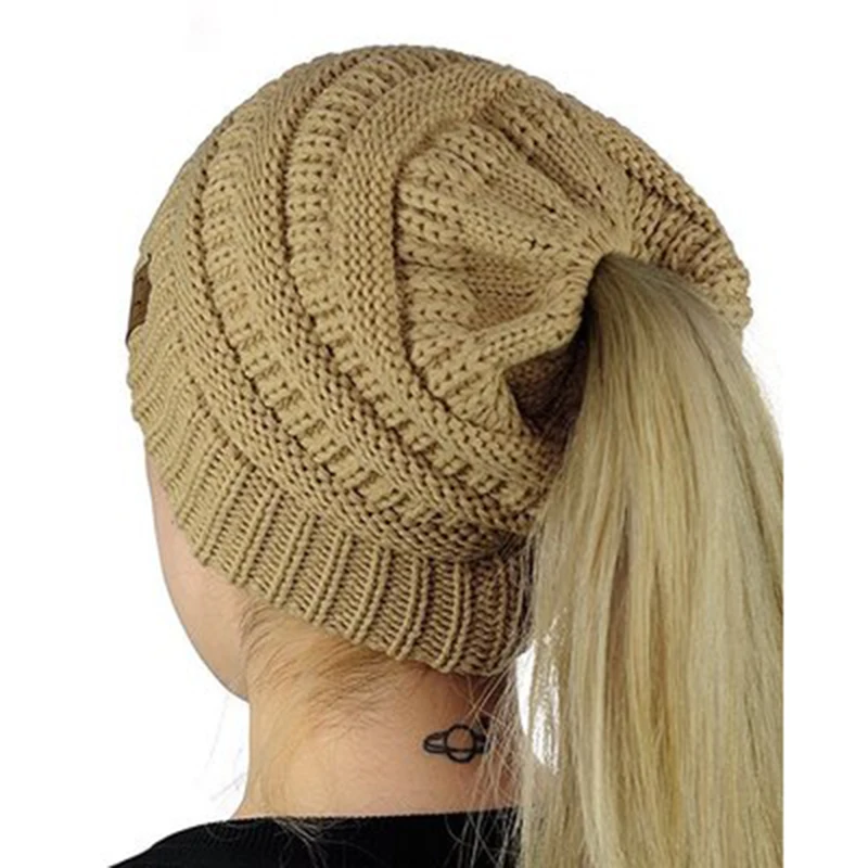 Women Ponytail Hat Skull Stretch Knitted Crochet Beanie Tail Messy Soft Winter Hats For Women Cap  Warm Lady Messy Bun Hats