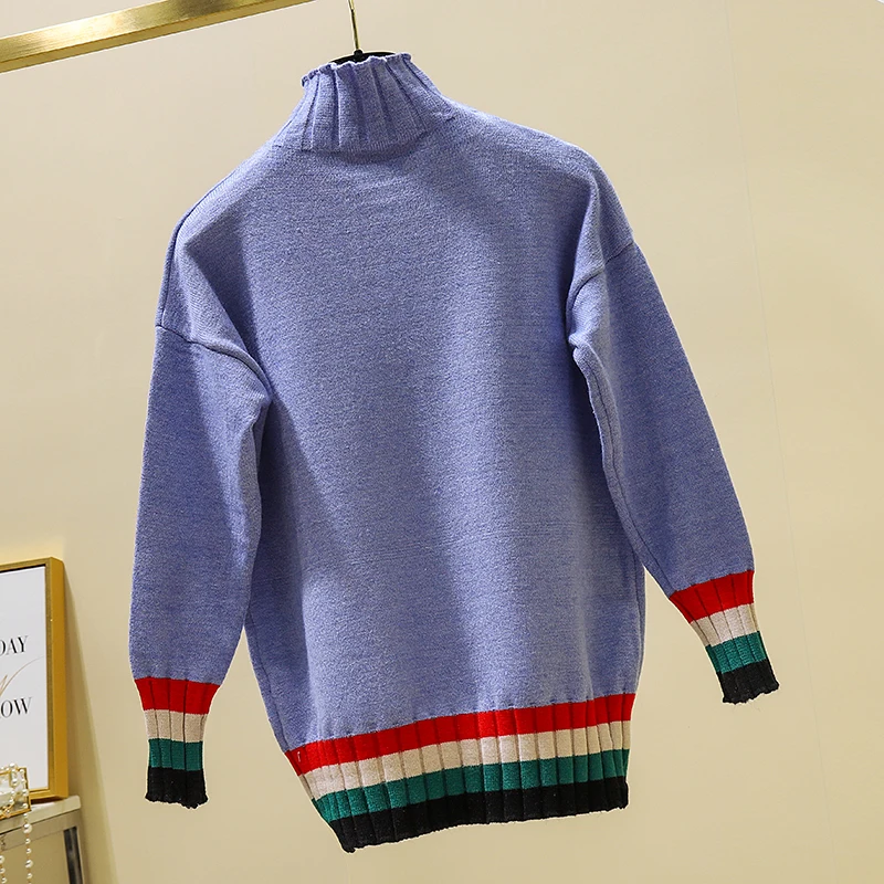 New Women Shirts Full Sleeve Loose Knitting Turtleneck Core-spun Yarn Languid Is Lazy Wind Pullovers Half A Rainbow Blouse Shirt |