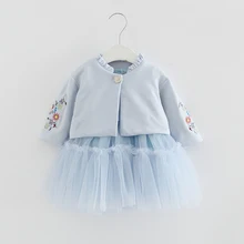 Детская Одежда Осенние комплекты для детей пальто с длинными рукавами и цветочной вышивкой+ бальное платье комплект из 2 предметов Одежда для девочек осенне-От 0 до 2 лет