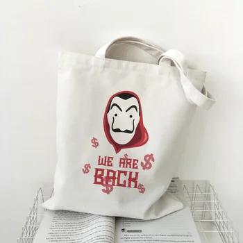 

Bella Ciao Mask Letter Print Shopping Bag Large Shoulder Canvas Bags La Casa De Papel Camiseta Handbag Funny Women Bags Wallet