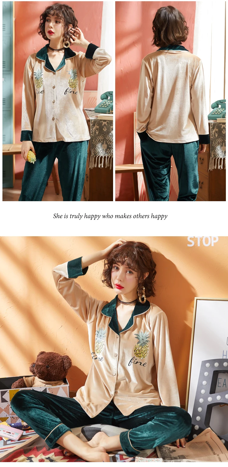 Новинка, Женская домашняя одежда с ананасом, одежда для сна, подарки, M-XXL, бархатные пижамы, наборы для женщин, зимние милые пижамы