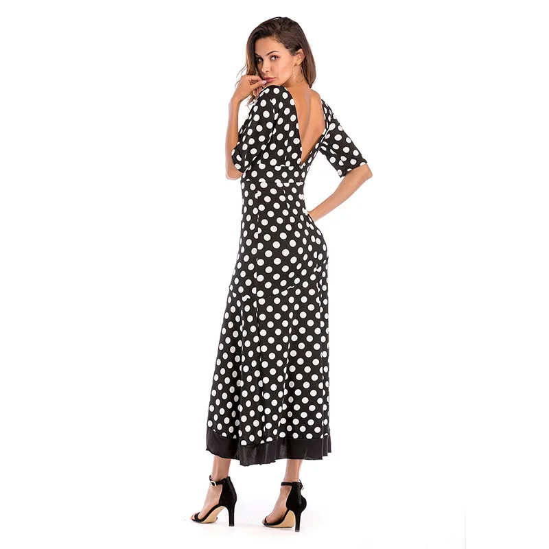 New Autumn Half Sleeve Polka Dot Tuffle Wrap Summer Dress Women Sexy Deep V Neck Backless Maxi Party vestidos LX1792 | Женская одежда