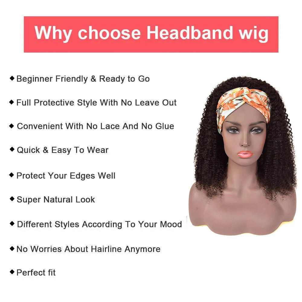Afro Kinky Curly Headband Human Hair Wig For Black Women Curly Wigs With Headband Random Gift Full Machine Remy Glueless