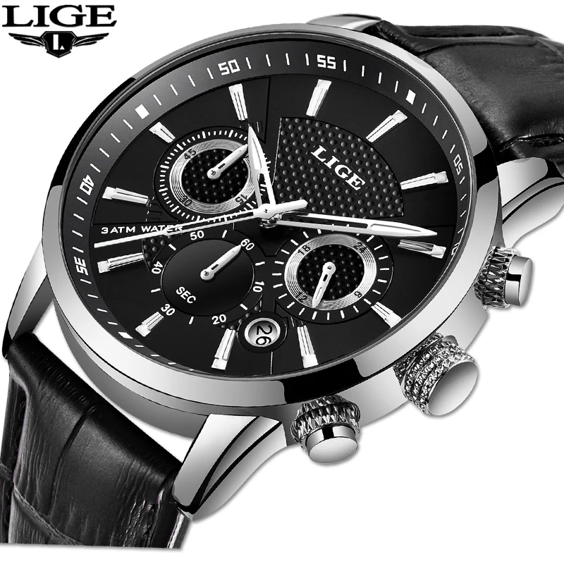 

2019 New Mens Watches LIGE Top Brand Luxury Leather Casual Quartz Watch Men Sport Waterproof Clock Black Watch Relogio Masculino