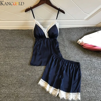

KANCOOLD Womens Deep V-Neck Simulation Short Sleeve Silk Comfortable Pajama Sets Silk Sleepwear Home Wear Nightwear Set