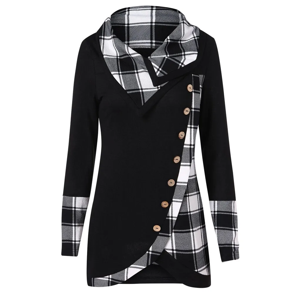 

Large Size Women'S Clothing Plaid Shirt Blouse Women Long Sleeve Plaid Turtleneck Tartan Tunic Sweatshirt Pullover Tops