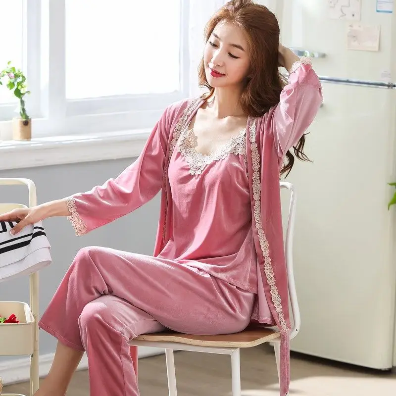 

Autumn Winter 3 PCS Women Pajamas Set Satin Female Sexy Sleep Lounge Pijama Sleepwear Night Home Clothing Pajama Suit