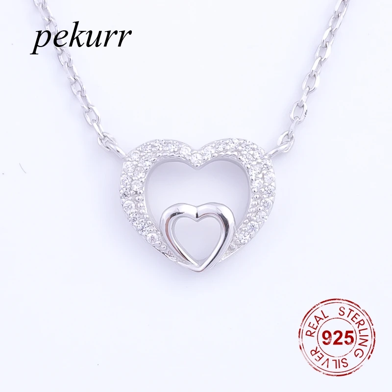 Pekurr 925 Sterling Silver Hollow Double Heart Necklaces For Women Pandents Cubic Zircon Silver Chain Romantic Fine Jewelry Gift