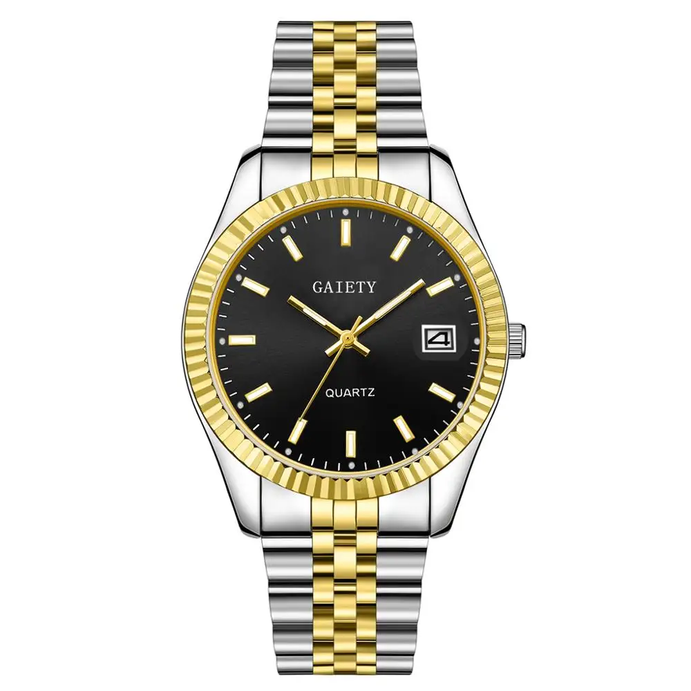 Мужские часы Gaiety бренд бизнес золото Алмаз Мода календарь Роскошные водонепроницаемые кварцевые наручные часы Relogio Masculino - Цвет: Gold Black