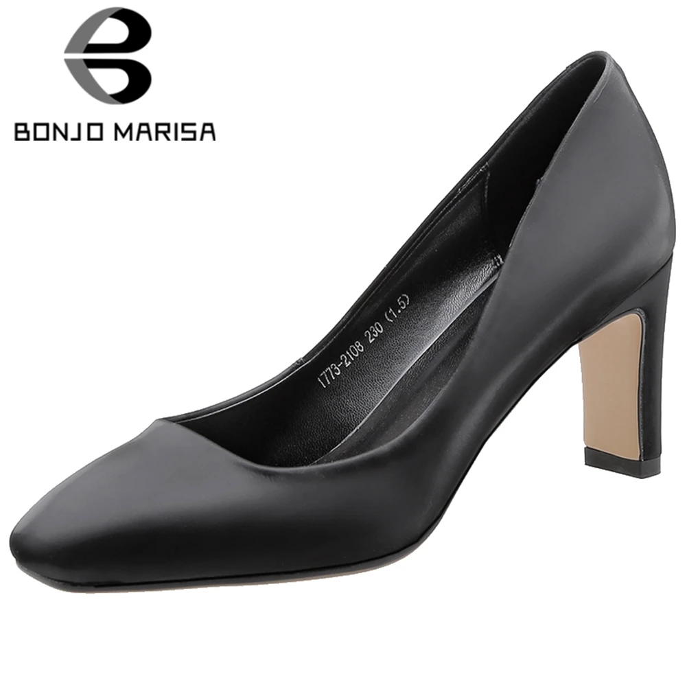 

BONJOMARISA Fashion Lady Spring Pumps Genuine Leather Spring Casual High Heel Pumps Women Square Toe Retro Consise Shoes Woman