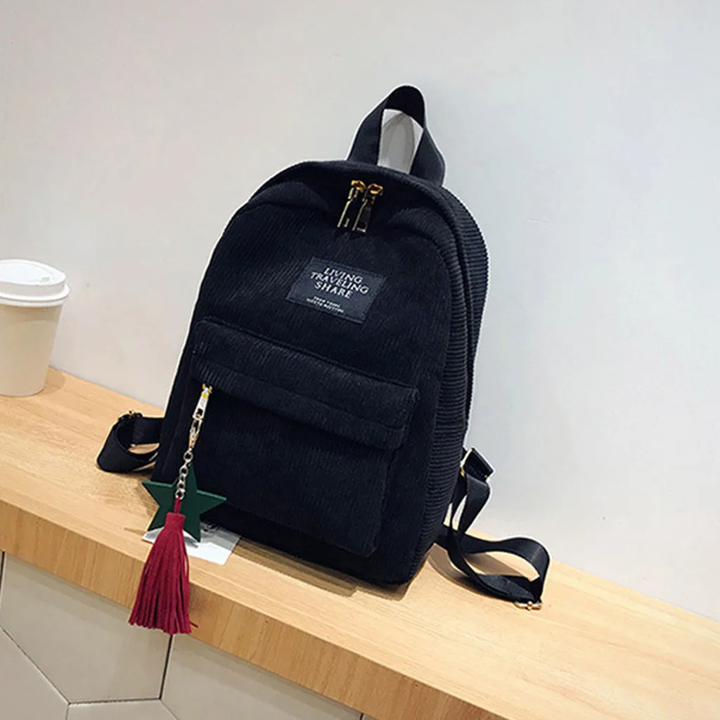 Женские рюкзаки с кисточками, простая мини Вельветовая школьная сумка, студенческий стиль, однотонные рюкзаки для отдыха для девушек - Цвет: Black