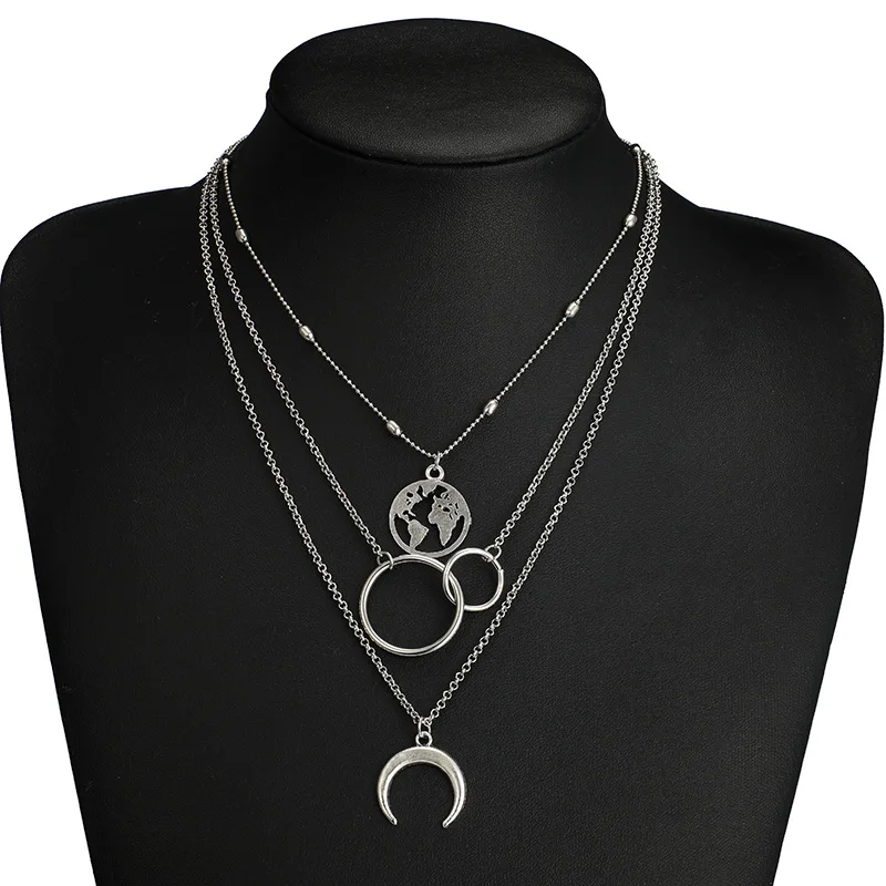 

Women Simple Geometric Size Round Water Drop Angle Moon Hollowed-out Three Long Necklace Clavicle Chain
