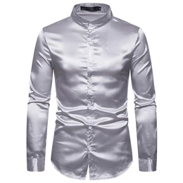 light gray Шелковая атласная Мужская рубашка, новинка, мужская рубашка со стоячим воротником, гладкий смокинг, Повседневная приталенная рубашка для свадьбы, Camisa Hombre Chemise Homme - Цвет: light gray