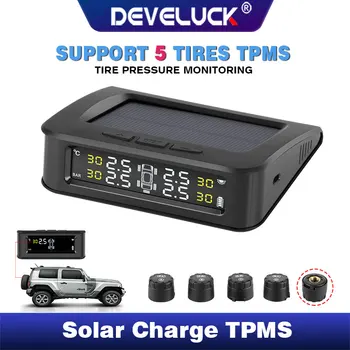 

TPMS Car Sensor 5 Tire Pressure Alarm Monitoring System Displays Solar Pressure Control Warning with External Sensor 6 Bar USB