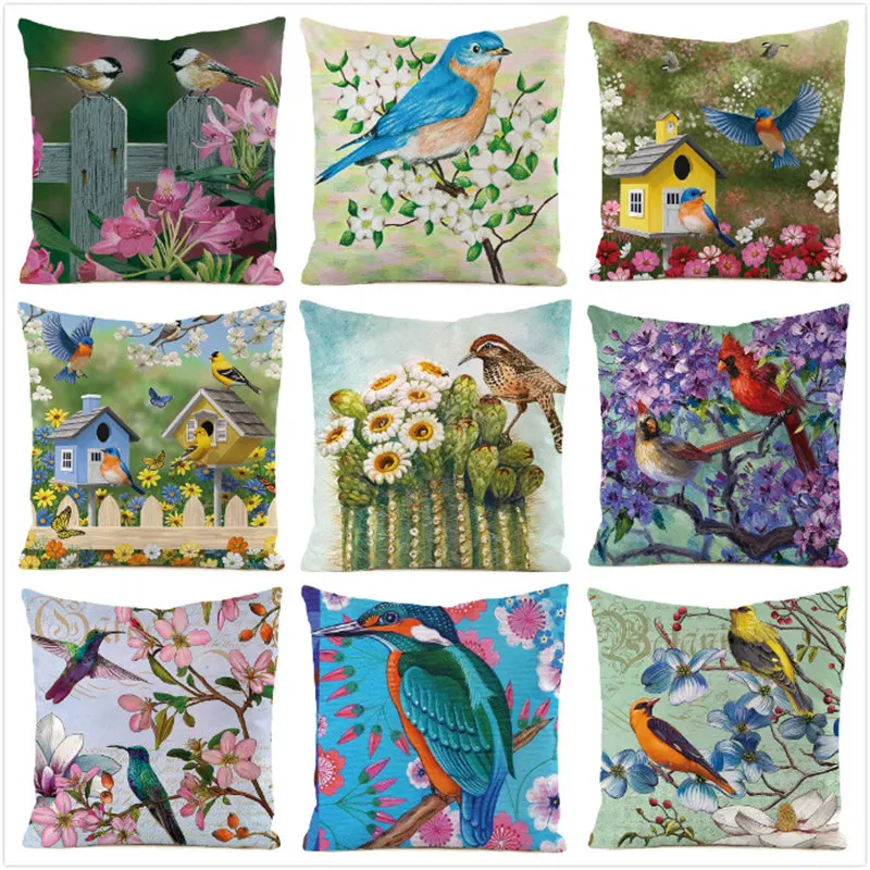 

45cm*45cm Bird and Flower Inimitated Silk Fabric Throw Pillow Covers Couch Cushion Cover Home Decorative Pillows Pillow Case
