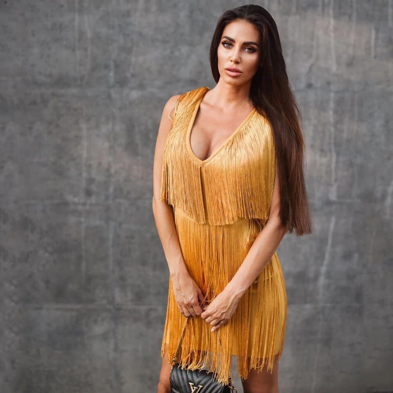 New Fall Clothes Sexy Ladies V Neck Shiny Cocktail Party Tassel Evening Dress Short | Женская одежда