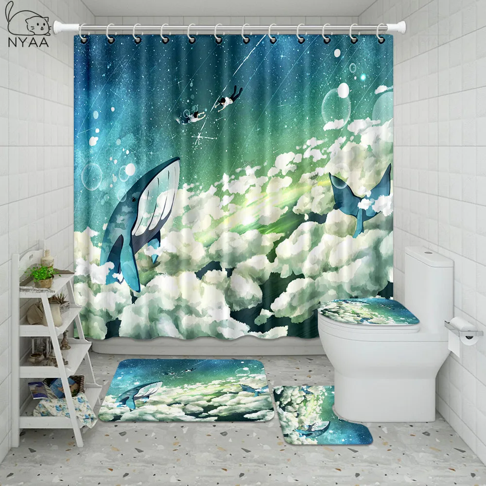 US Waterproof 1.8M Ocean Dolphin Sea Bathroom Shower Curtain Toilet Rug Mat 