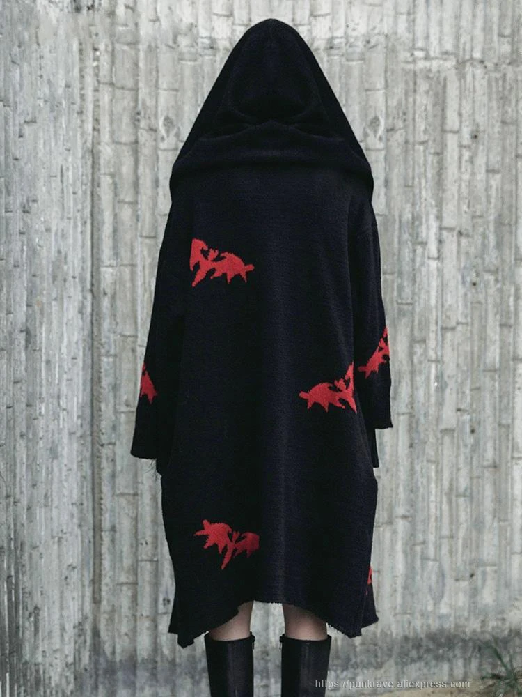 PUNK RAVE Girl's Gothic Bats Patten Hooded Knitted Long Cardigans Women Coats Personality Casual Knit Sweater
