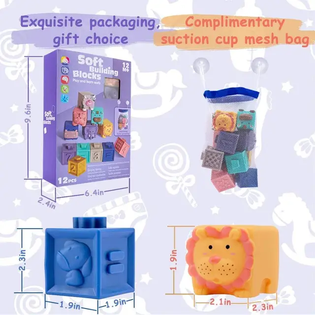 12pcs Baby Soft Rubber Building Blocks 3D Cartoon Animal Hanging Ball Baby Massage Rubber Teether Educational Squeeze Toys 2