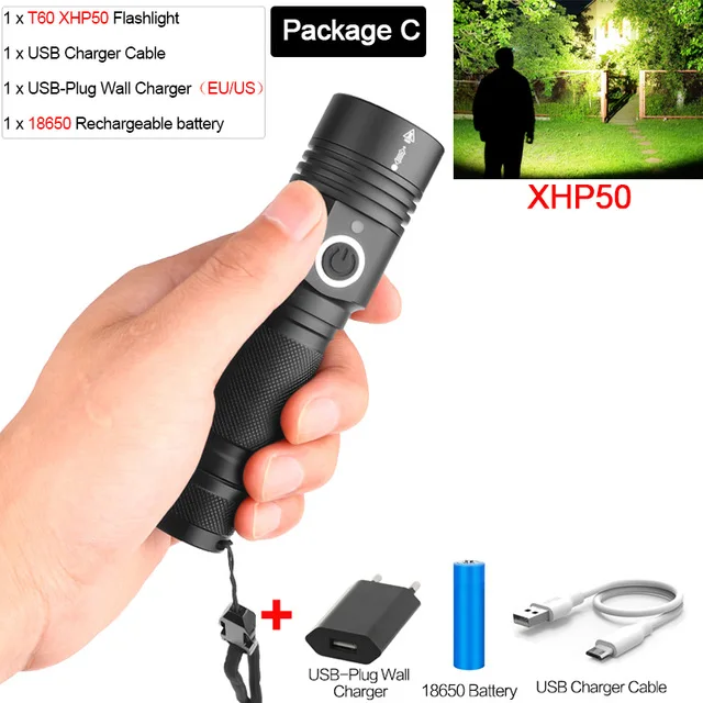 package C 100000LM светодиодный фонарик самый мощный XHP70.2 перезаряжаемый фонарь XHP50 USB фонарь с масштабированием XHP70 охотничья лампа для рыбалки 26650 - Испускаемый цвет: package C