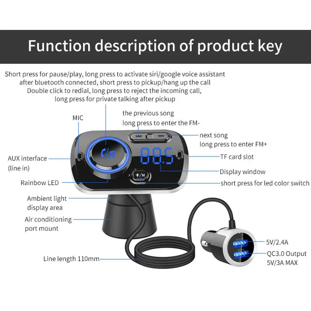 Bluetooth 5,0 автомобильный fm-передатчик аудио адаптер и приемник громкой связи беспроводной Bluetooth передатчик MP3 автомобильное зарядное устройство