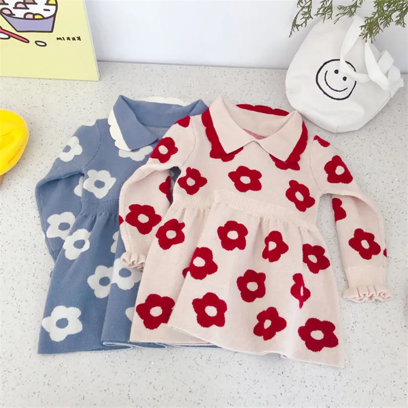 Kids Dresses For Girl Autumn Knitted Baby Dress Woolen Flower Princess Baby Girls Dress Long Sleeve Toddler Girl Winter Dress