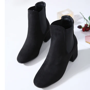 

Concise Chelsea Boots Women Black Ankle Booties Block Heels Flock Suede Ladies Slip On Winter Dress Leopard Shoes Pointed Toe