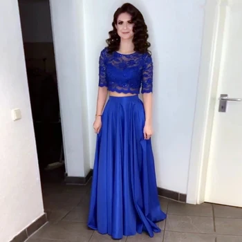 

Sexy Two Piece Prom Dresses Scoop Neck Half Sleeve Lace Satin A Line Party Dress Formal Gown Long Evening Dress