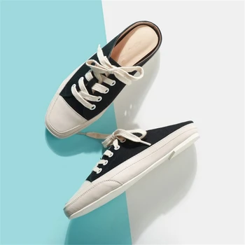 

JIANBUDAN cloth shoes Casual fashion Women's canvas flat shoes Spring summer breathable Square Toe canvas shoes Big size 34-43