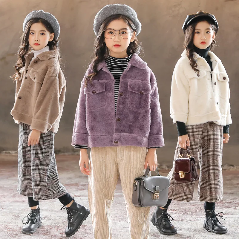 

2018 Autumn And Winter Childrenswear Children Middle And Large Girls Korean-style Imitation Rabbit Fur Wool Sweater Thick Coat J